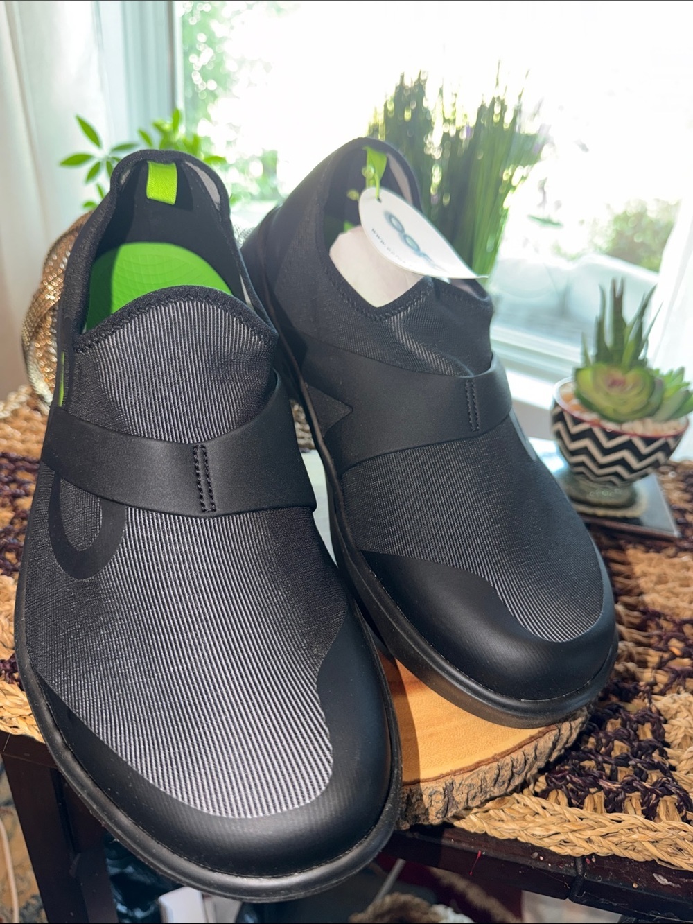 OOFOS Men's Black Slip-On Loafers with Lime Green Insole